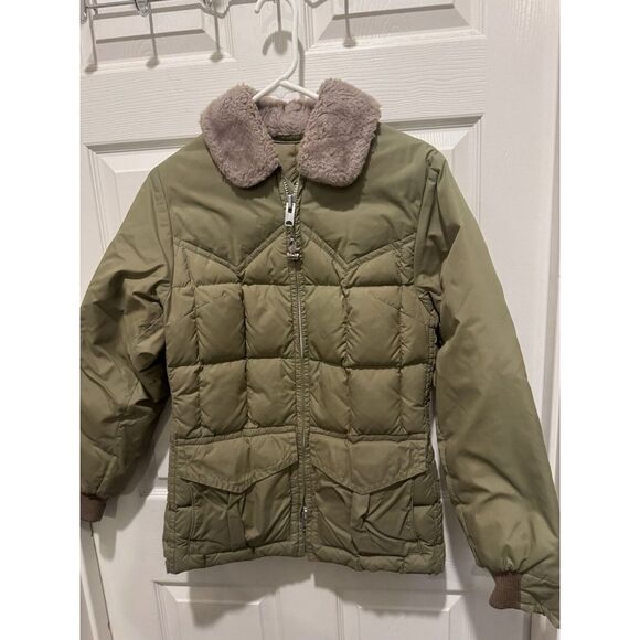 VINTAGE Comfy‎ Brand Goose Down Puffer Coat Jacket Womens Small Green 70s FLAW - Picture 1 of 8